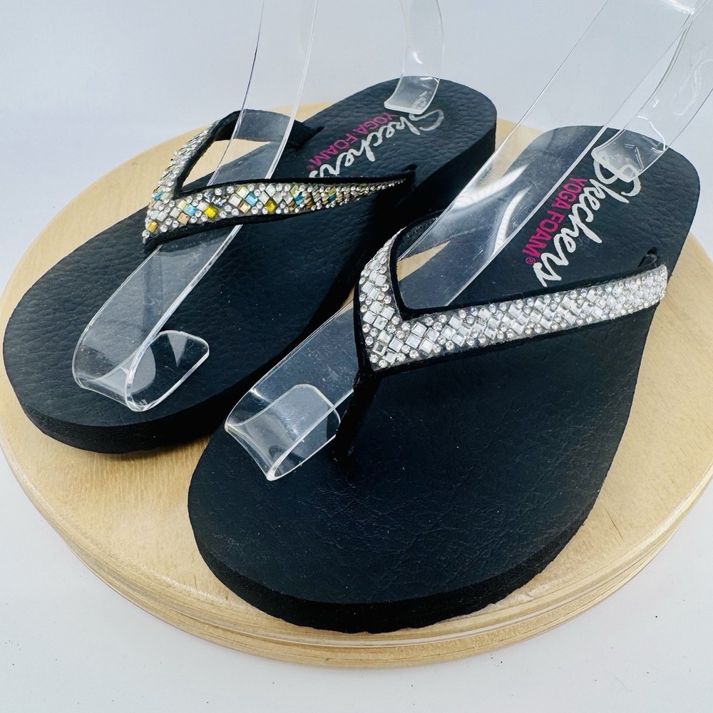 Skechers meditation Yoga Foam Flip Flops Womens 5 Black Rhinestone Sandals shoes